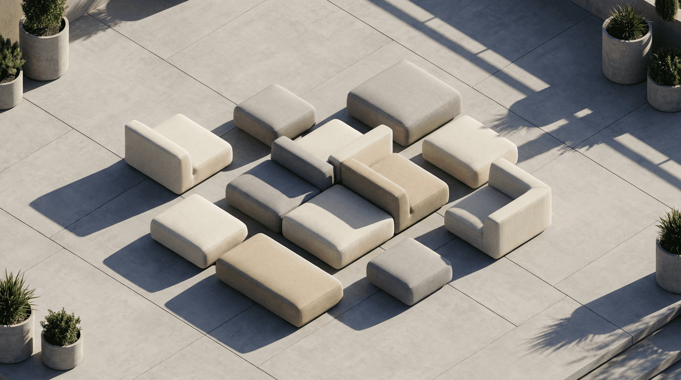 Modern charcoal concrete patio off glass sliding doors with outdoor seating